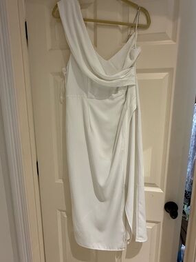 SHEIN White One-Shoulder Draped Midi Dress